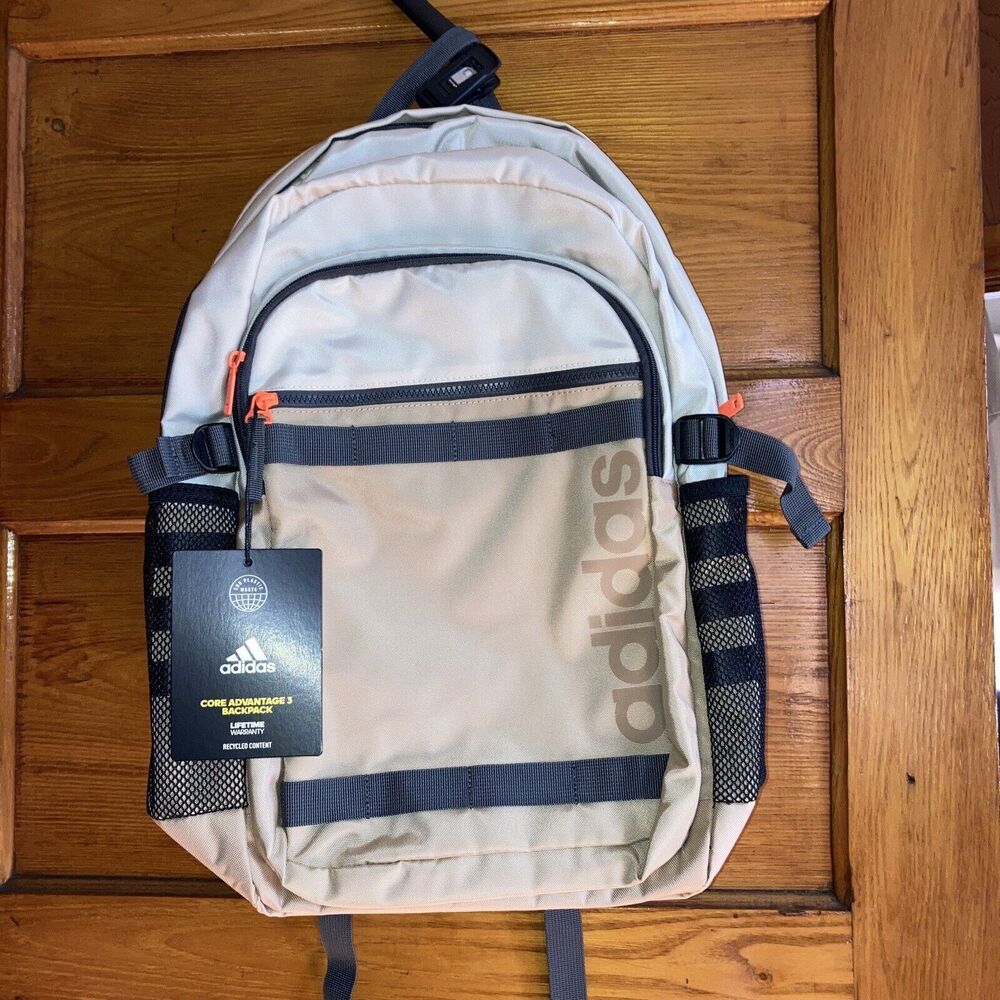 New Adidas Core Advantage 3 Backpack Beige Black Grey w/ Laptop Pocket
